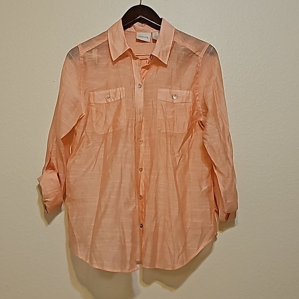 Chicos Womens Orange Blouse Sz 1 Large Roll Tab Sleeve Top Coastal Shirt